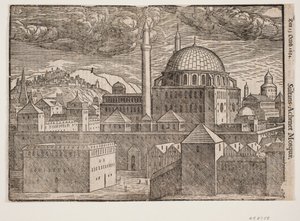 Mosquée non identifiée avec 2 minarets, vue du sud-est; à gauche, montagne avec ville fortifiée