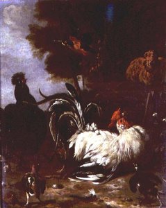 Coq et autres volailles dans un paysage boisé