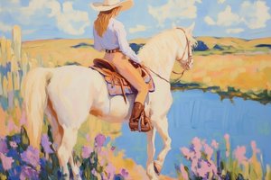 Une cow-girl sur un cheval blanc