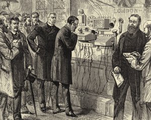 Ouverture de la ligne téléphonique anglo-anglaise. La première conversation téléphonique de Londres à Paris au General Post Office, Londres. Des instruments Bell ont été utilisés à Londres. Gravure sur bois Paris 28 mars 1891. Gravure. - Melton (after) Prior