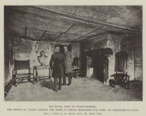 La visite royale dans le Warwickshire, le prince de Galles visitant la chambre où Shakspere est né, à Stratford-on-Avon - Melton Prior