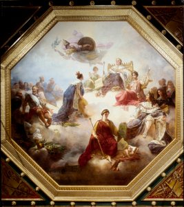 La France, au milieu des rois législateurs et des jurisconsultes français, reçoit la Charte constitutionnelle de Louis XVIII, plafond de la salle Camondo, Louvre, Paris - Merry Joseph Blondel
