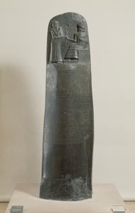Code de Hammurabi : le dieu Shamash dictant ses lois à Hammurabi, roi de Babylone, trouvé à Suse, Iran, vers 1750 av. J.-C.