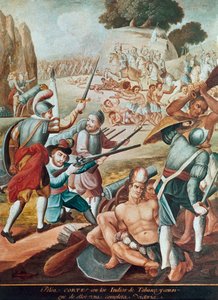 Conquête du Mexique : combat opposant Hernando Cortes aux indiens de Tabasco en 1519
