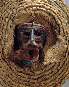 Masque de costume pour la célébration du festival annuel mexicain de Guelaguetza (bois et paille tressée)