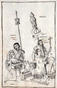MS Hunter 242 f.248v Picarus (Pizarro) présente le Pérou et Cortesius (Cortés) la Nouvelle-Espagne, illustration de l
