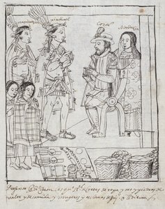 Montezuma rencontre Cortez, de Historia de Tlaxcala par Diego Muñoz Camargo