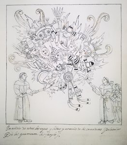 Frères franciscains brûlant des livres et vêtements traditionnels, de Historia de Tlaxcala par Diego Muñoz Camargo - Mexican School