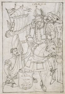 Christophe Colomb (1451-1506) offre symboliquement le Nouveau Monde à Charles V (1500-08), de Historia de Tlaxcala par Diego Muñoz Camargo - Mexican School