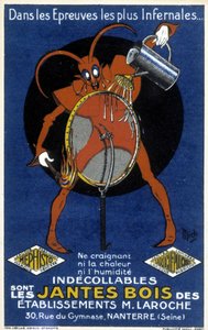 Diable rouge devant une roue de vélo illustrant une publicité pour les jantes en bois des établissements Laroche (Nanterre) (gravure)