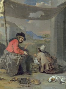 Deux figures assises avec un chien