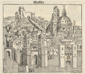 Phantasieansicht der Stadt Marseille [recto], drei Porträts (Phereades, Pythagoras und Sappho) [verso] - Michael Wolgemut