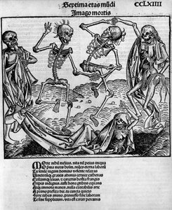 Scène de danse macabre, avec des squelettes, -dans « Chroniques de Nuremberg » par Hartmann Schedel (1440-1514), édité à Nuremberg par Anton Koberger, 12 juillet - Michael and Pleydenwurff W. (d.1494) Wolgemuth