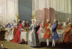 Thé anglais dans le Salon des Quatre Glaces à la maison du Prince de Conti (1717-76) Palais du Temple, détail des invités, 1766