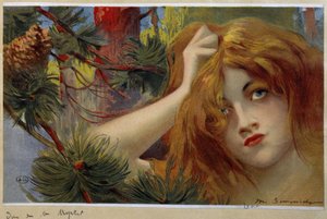 Femme rousse inquiète, tête levée - chromo. par Simondy - Michel Simonidy