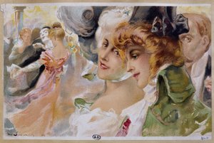 Femmes à un bal masqué - chromo. par Simonidy - Michel Simonidy