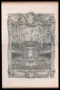 Décoration de la Salle de Spectacle, construite dans le Manège Couvert de la Grande Écurie à Versailles, pour la Représentation de la Princesse de Navarre Comédie Ballet, donnée à l’occasion du Mariage de Louis Dauphin de France avec Marie Thérèse Infante 