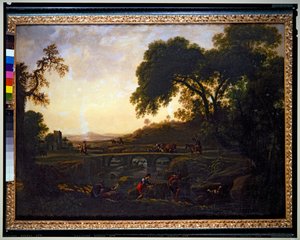 Paysage avec un pont et des paysans, des vaches et des chèvres - Michelangelo Cerquozzi