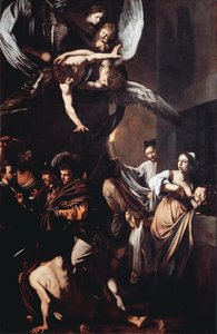 Les sept œuvres de miséricorde (Sette opere di misericordia). Cimon condamné à mourir de faim en prison se nourrit au sein de sa fille Pero (Charité Romaine) et en arrière-plan un homme porte une torche enflammée pour retirer un cadavre. En haut, la Vierge - Michelangelo Merisi da Caravaggio