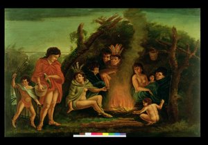 Planche à feu représentant un campement indien