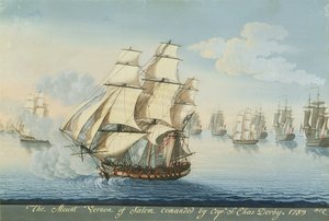 Le navire Mount Vernon de Salem distançant une flotte française (aquarelle sur papier)