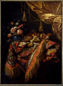 Nature morte Fruits et fleurs posés sur une nappe