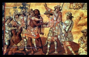Détail des Conquistadors coupant les mains de deux espions de Xicotencatl - Miguel Gonzalez