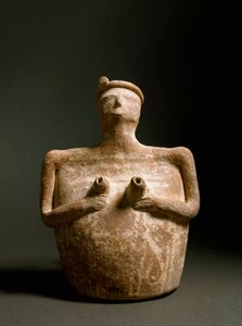 Art minoen : vase en terre cuite en forme de femme soutenant sa poitrine. Du sanctuaire de Piskokephalo en Crète. 1700-1450 av. J.-C. Héraklion, Musée archéologique - Minoan