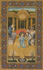 Jésus parmi les docteurs du Temple, vers 1760 (aquarelle opaque avec or sur papier, bordures florales en couleurs sur fond d