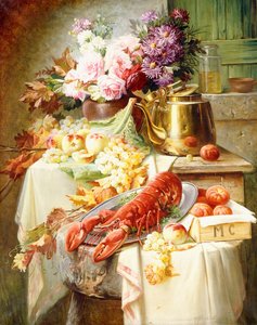 Nature morte avec un homard et des fruits et fleurs assortis