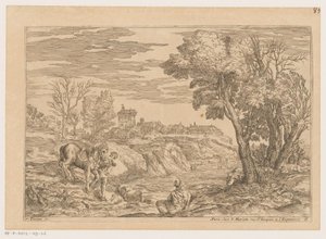 Paysage avec un homme à cheval traversant une rivière