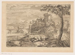 Paysage avec berger au repos, rivière avec pont et moulin à eau en arrière-plan (Paysages d