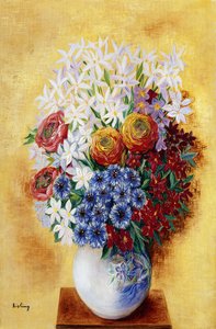 Bouquet de fleurs sur fond jaune ; Bouquet au Fleurs sur Fond jaune, vers 1934 (huile sur toile) - Moise Kisling