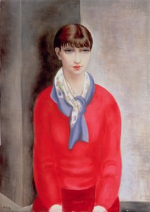 Kiki de Montparnasse en pull rouge et écharpe bleue