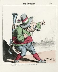 Feuille volante, numéro 5, satirique en couleurs, vers 1870 : Badingoscope - Commune de Paris/Guerre/Siège, Chasse, Président de la République - Napoléon III - Illustration par Moloch (1849-1909) - Moloch