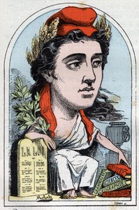 Allégorie de la République (Marianne) dans "Le Trombinoscope" par Touchatout, caricature par B. Moloch de 1882 (1849-1909). Collection privée. - Moloch