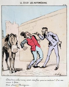 HE. EX. EX. Motoredons : Caricature du transport en ville. Un bourgeois demande poliment à un cocher de le conduire tout en le menaçant avec des pistolets. Dessin de Moloch (1849-1909), vers 1860 - Moloch