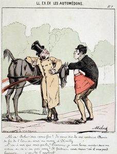 HE. EX. EX. Motoredons: Caricature du transport en ville. Un bourgeois qui a demandé au cocher de le conduire à la Gare de l