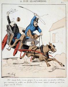 HE. EX. EX. Motoredons : Caricature du transport en ville. Un cocher conduit un bourgeois à toute allure en ville sous prétexte qu
