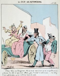 HE. EX. EX. Motoredons : Caricature du transport en ville. Un cocher prend un ami ivre dans la voiture à côté de deux bourgeoises horrifiées. Dessin de Moloch (1849-1909), vers 1860