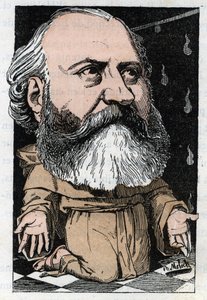 Portrait de Charles Gounod (1818-1893), compositeur français dans "Le Trombinoscope" par Touchatout, caricature de B. Moloch de 1882 (1849-1909). Collection privée. - Moloch
