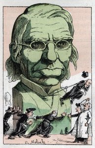 Portrait de Emile Littre (1801-1881), philologue, médecin et homme politique français dans « Le Trombinoscope » par Touchatout, caricature de B. Moloch de 1882 (1849-1909). Collection privée