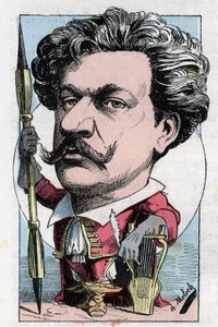 Portrait de Louis Alexandre Gosset de Guines dit André Gill (1840-1885) poète peintre français dans « Le Trombinoscope » par Touchatout, caricature de B. Moloch de 1882 (1849-1909). Collection privée. - Moloch