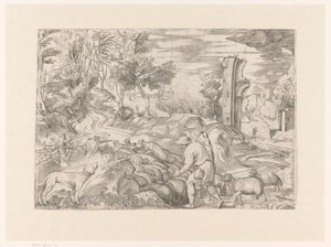 Paysage avec berger et troupeau de moutons