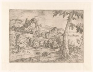 Paysage panoramique avec grand arbre - Monogrammist DB (etser 16de eeuw)