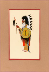 Guerrier Cheyenne en coiffe de plumes avec bouclier