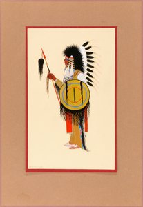 Guerrier Cheyenne en coiffe de plumes avec bouclier, vers 1915-1937