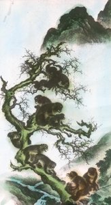 Singes sur un membre - Peinture de Sosen du 17e siècle - Mori Sosen