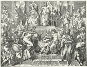 Le Sangerkrieg, un concours entre ménestrels au château de Wartburg en Thuringe en 1207 (gravure) - Moritz Ludwig von Schwind