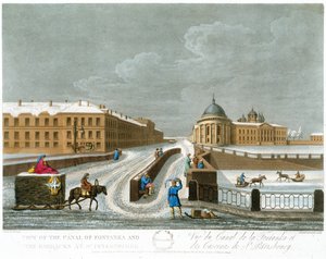 Vue du canal de Fontanka et des casernes, illustration pour novembre de Une année à Saint-Pétersbourg gravée par John H. Clark, colorée par M. Dubourg. pub. 1815 à Londres par Edward Orme